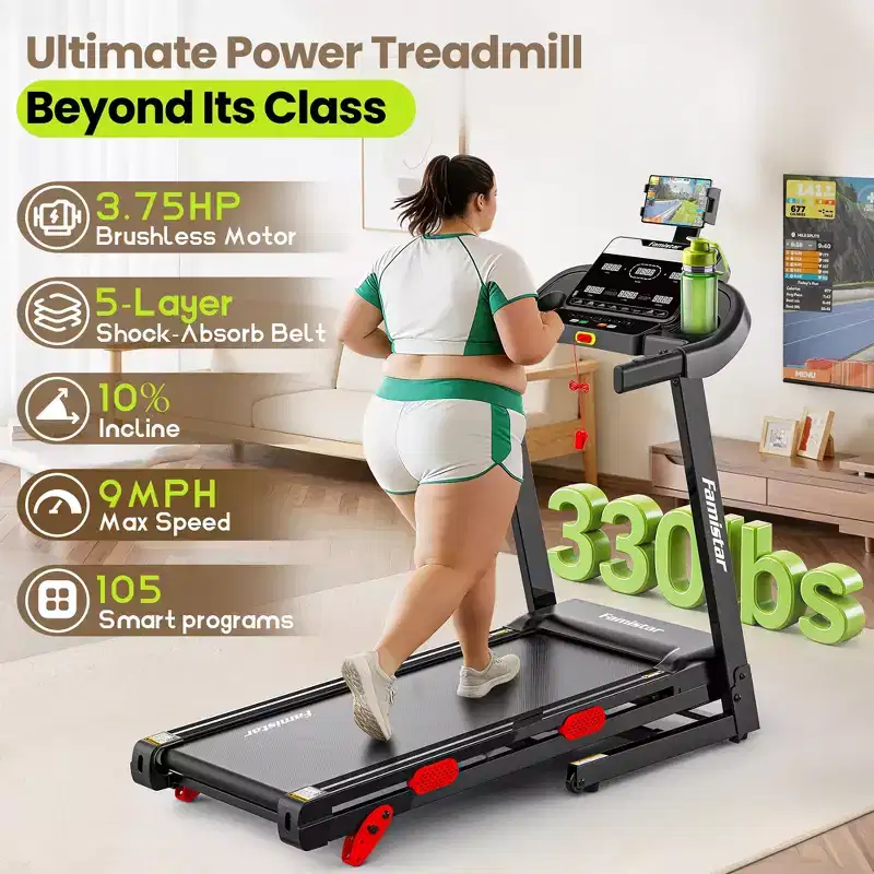 Folding Treadmill for Home with 3.75 HP Motor, App Control, Bluetooth Speakers, Manual Incline, 330 lb Capacity