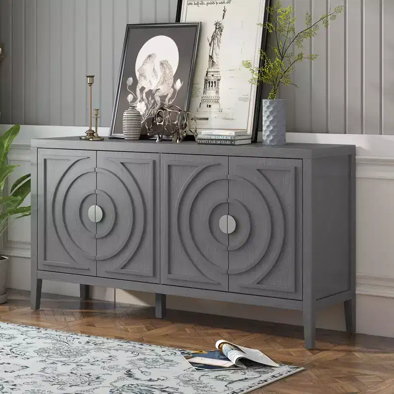 MAYEERTY Retro Sideboard Door with Circular Groove Design Round Metal Door Handle for Entrance Dining Room Gray