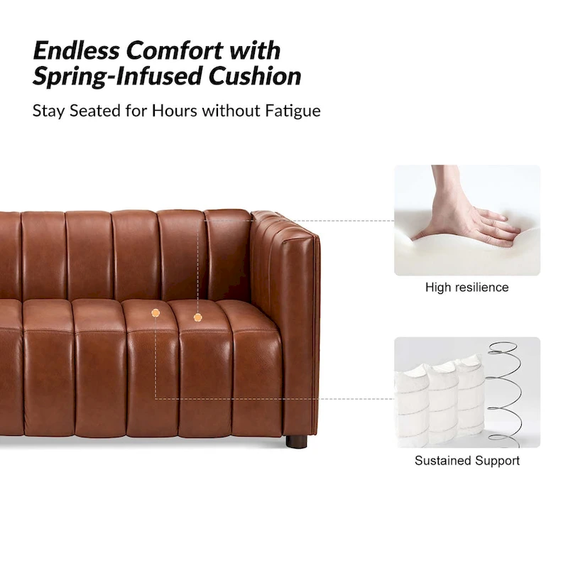Olinto Modern Camel 83-Inch Genuine Leather Curved Couch with Channel Back by HULALA HOME