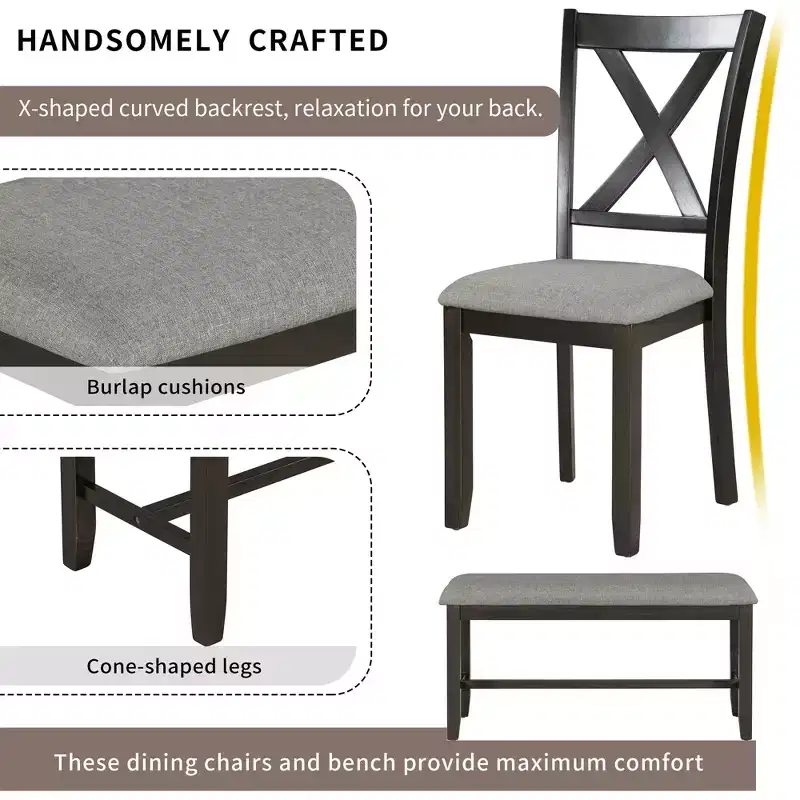 Whisen 6-Piece Wooden Rectangular Kitchen Dining Table Set with 4 Fabric Chairs and Bench