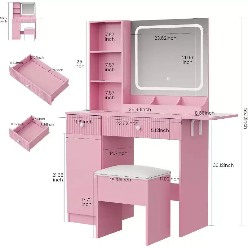 CuisinSmart Makeup Vanity Set, Makeup Desk with 3 Lighting Modes, Drawers & Storage Shelves, Storage Stool, Dressing Table for Bedroom