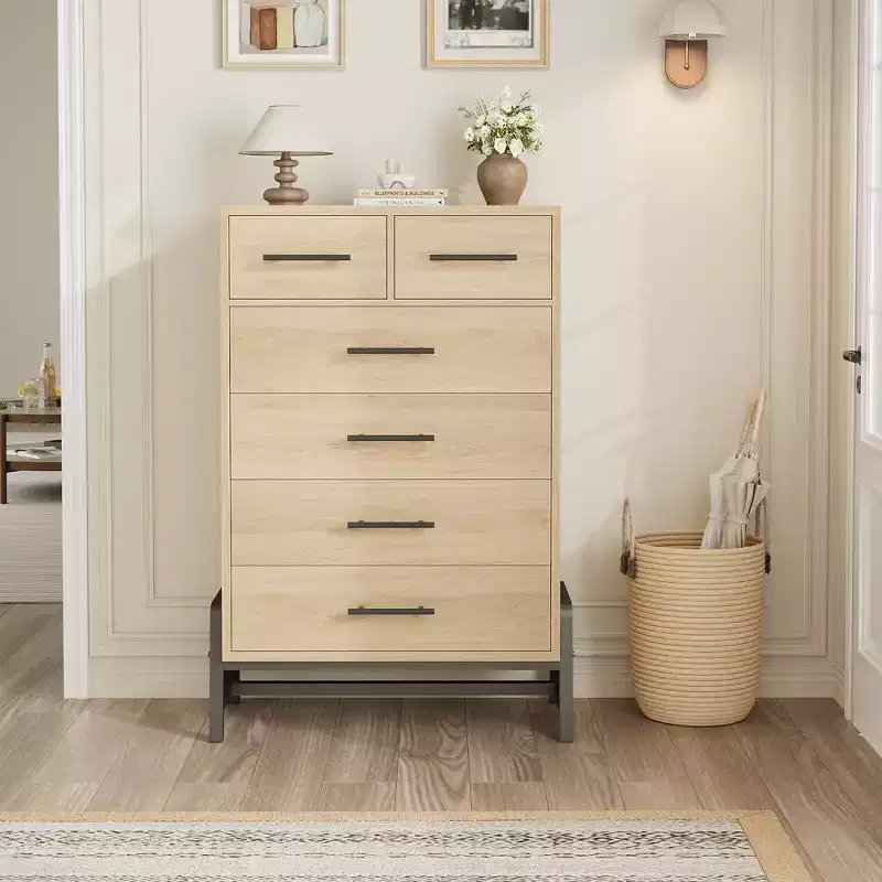 Natural Oak 6-Drawer Dresser, Freestanding Storage Chest (46.6 Tall)  For Bedroom, Living Room, or Entryway