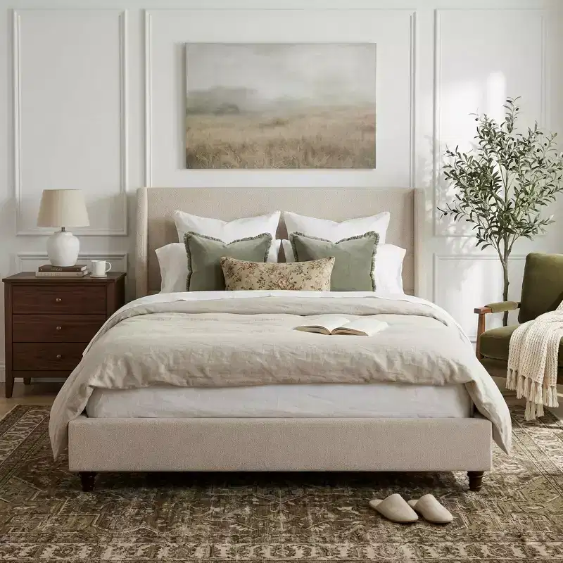 Modern Boucle Upholstered Platform Bed with Wingback Headboard