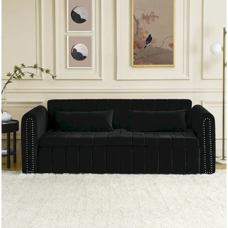 Modern 68 Foam 3 in 1 Pull-Out 3-seaters Bed Sleeper Sofa with Copper Nails and Two Drawers