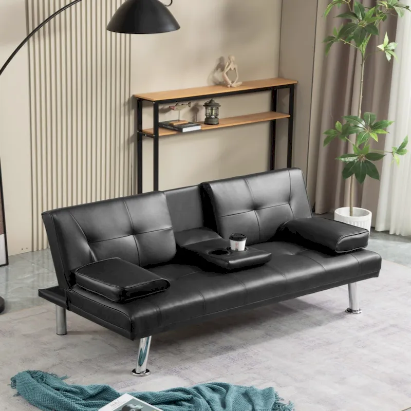 PU Upholstered Modern Convertible Folding Futon Sofa Bed Removable Armrests, Metal Legs, with 2 Cupholders