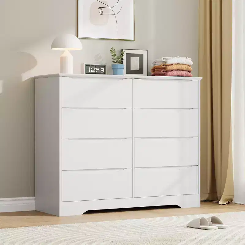Wooden Dresser with 8 Drawers, Tall Modern Closet with Deep Storage, Large Chest of Drawers with Wide Top, Long Storage Dresser