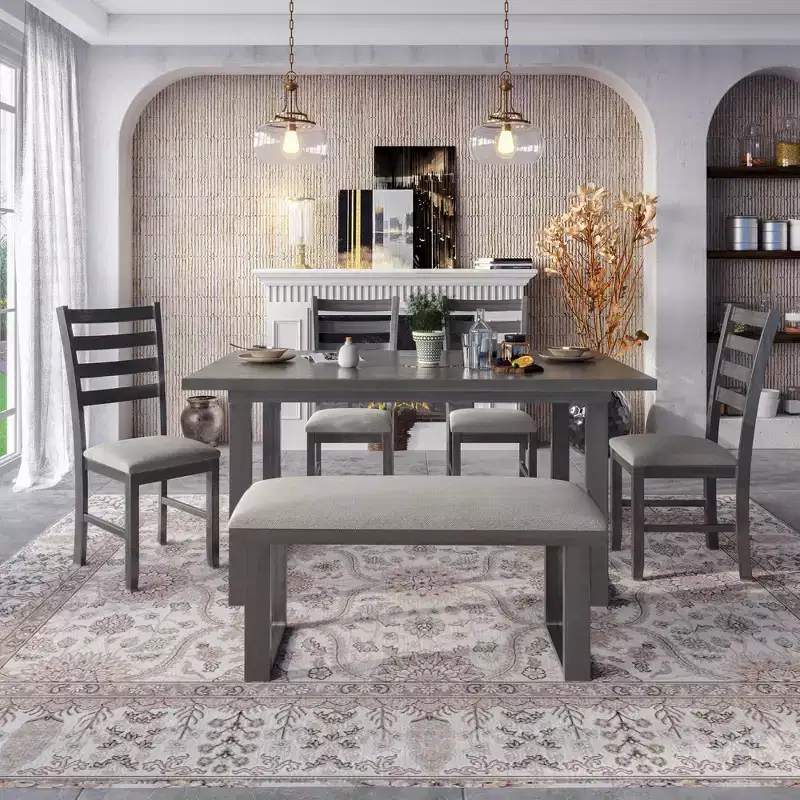 Farmhouse 6 Pieces Dining Table Set with Bench, Wood Rectangle Table and 4 Upholstered Chairs for Kitchen, Gray