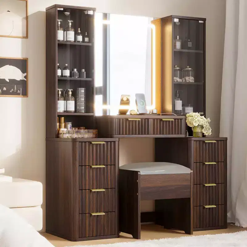 GDFStudio Ina Mid-Century Modern Wood Makeup Vanity Table with Stool, Lighted Mirror, Dual Glass Cabinet, 10 Drawers and Charging Station
