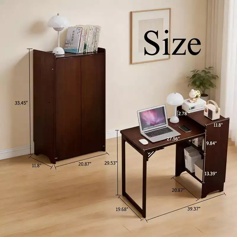 JVNOXK Bamboo Folding Desk with Hidden Storage, Mid Century Space-Saving Computer Table for Home Office Bedroom, Walnut Brown