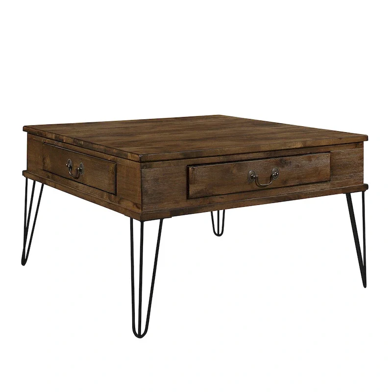 32 Inch Square Cocktail Coffee Table with 2 Drawers, Brown Wood, Black Legs