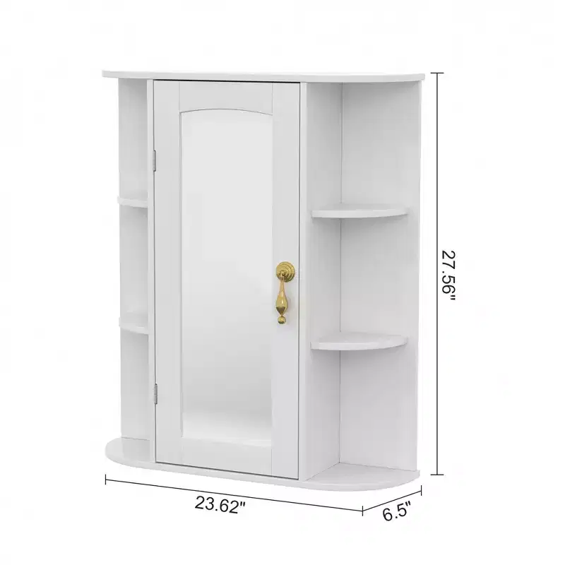 VECELO Bathroom Storage Cabinet with Mirror, Wall Mounted Medicine Cabinet with Door & 6 Open Shelves, Inner Adjustable Shelf, White