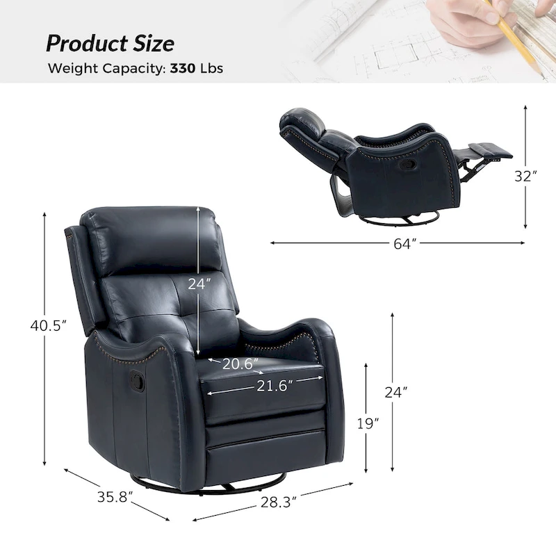 FrancoModern Genuine Leather Swivel Rocker Recliner with Nailhead Trims by HULALA HOME