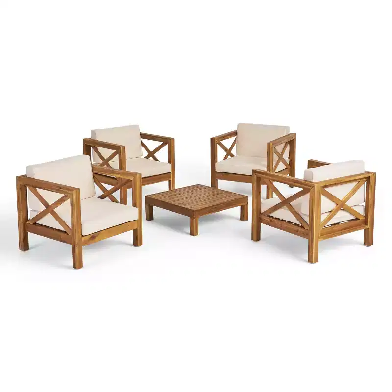 Christopher Knight Home Brava Outdoor Acacia Wood 4 Seater Club Chair Chat Set with Cushions