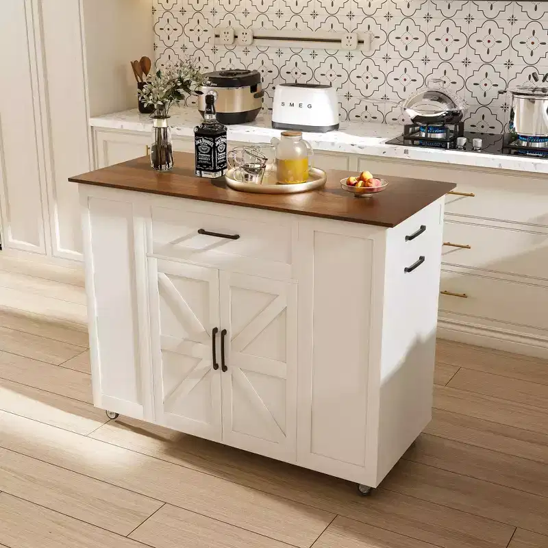 FAMYYT White Solid Wood 46 in. Kitchen Island with Power Outlets/USB Ports, Trash Bin Cabinet, Door Racks and Drawers
