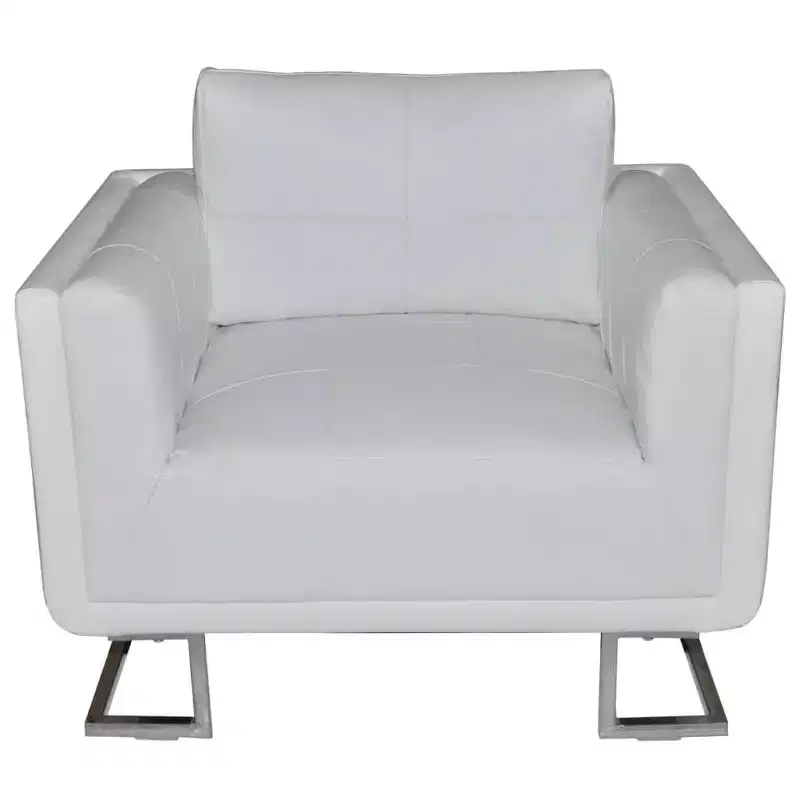XL Scandinavian-Modern Cube Armchair, White Leather Upholstered, Solid Wooden Frame with Chrome Feet - White