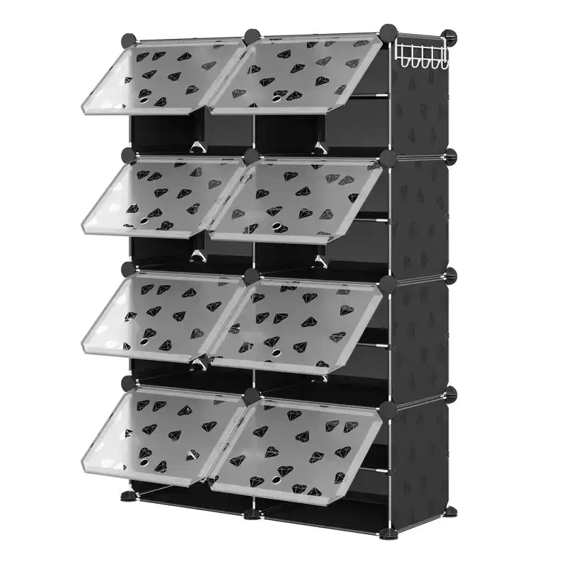 8-Tier Large Capacity Shoe Rack Organizer with Hooks, Easy DIY Assembly, Shoe Storage Cabinet for Closet Hallway Bedroom