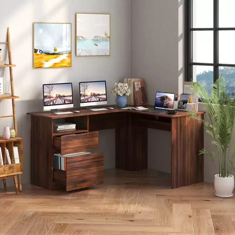 Costway L Shaped Computer Desk 59'' Corner Study Writing Desk with Open Compartment & 2 Cable Management Holes Walnut/White
