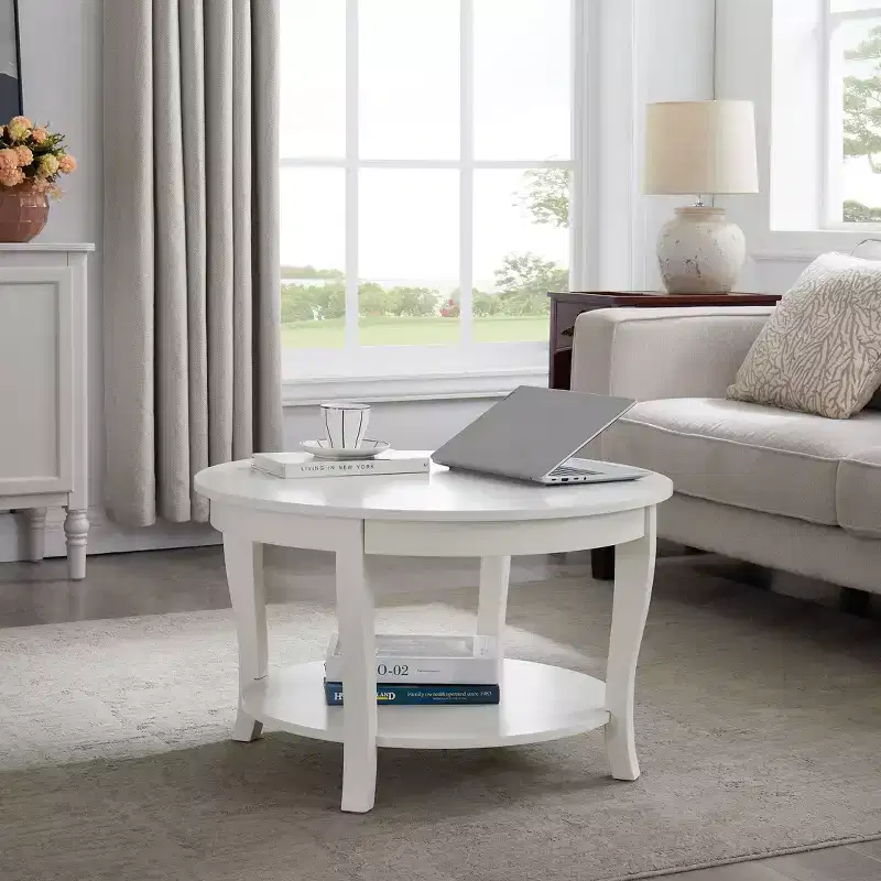 2-Tier Round Coffee Table with Open Shelf for Living Room