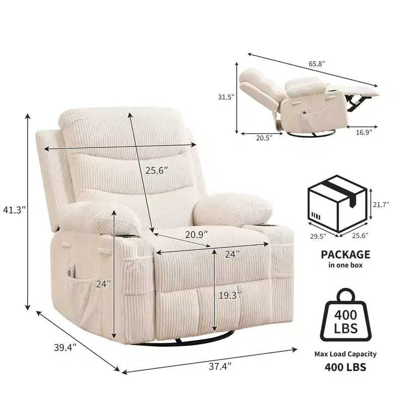 Leather Recliner Chair for Bedroom , Oversized Manual Reclining Rocking Chair, 360 Swivel Glider with Cup Holder