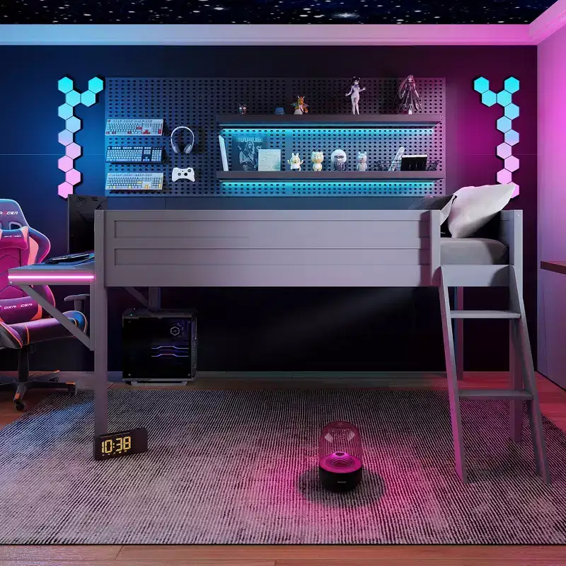 Gray Gaming Loft Bed with Desk & LED, Twin/Full, 1-Person