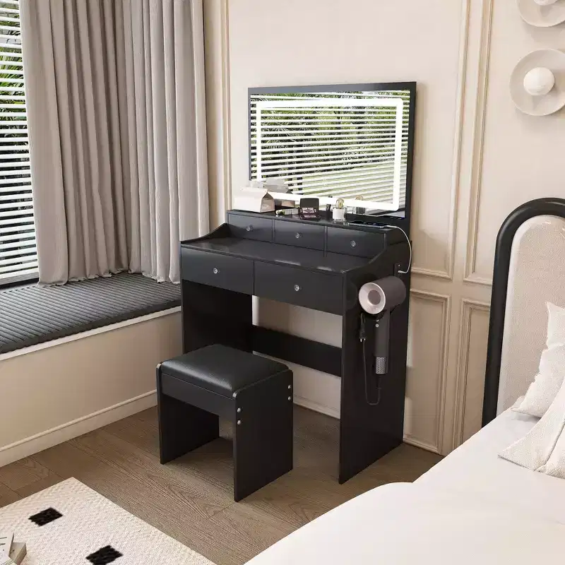 Modern Vanity Table with Large Mirror & Lights, Storage Dressing Desk with Drawers