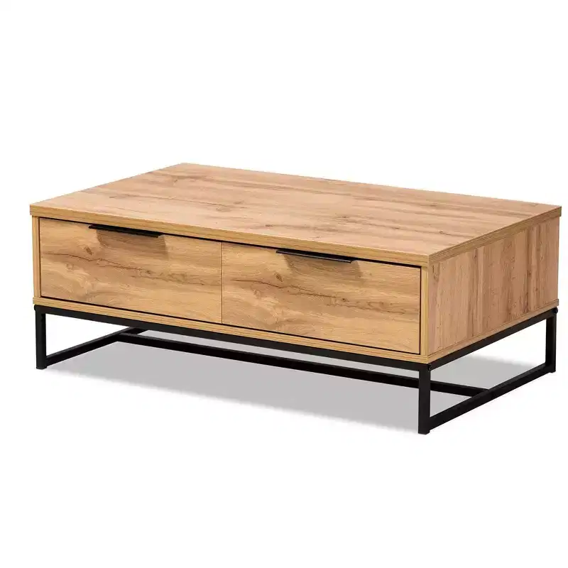 Franklin Wood and Metal 2 Drawer Coffee Table Oak/Black - Baxton Studio: Large Storage, Modern Design