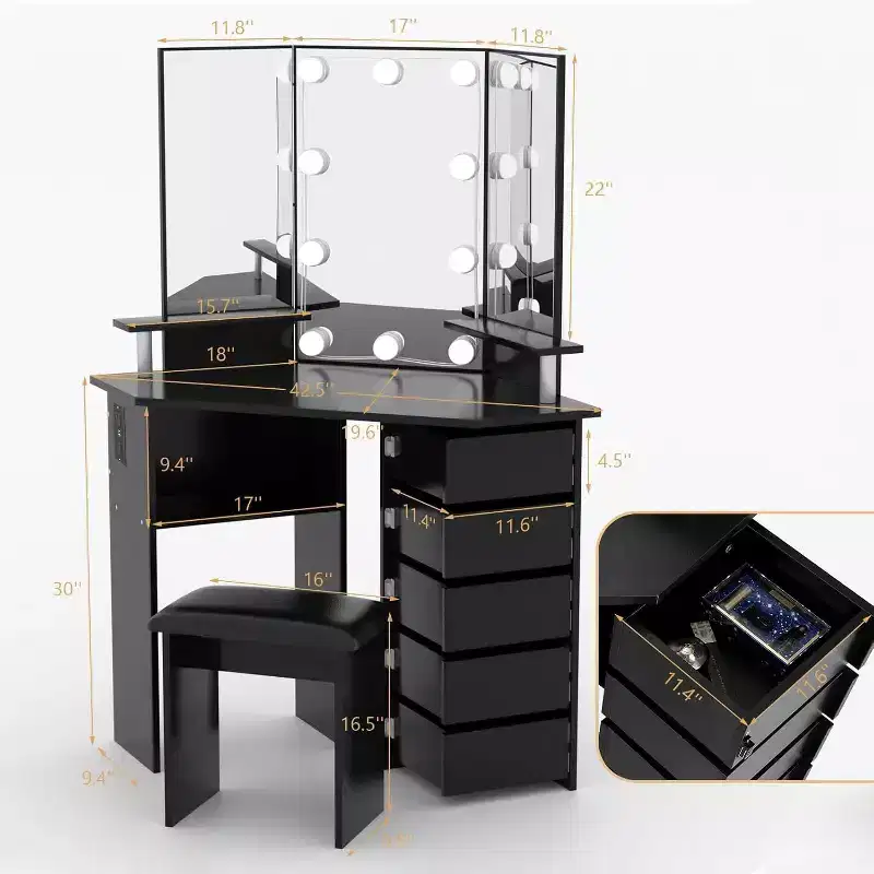Corner Makeup Vanity Desk with Lights, Dressing Table with Power Outlet and Rotating Drawers for Bedroom