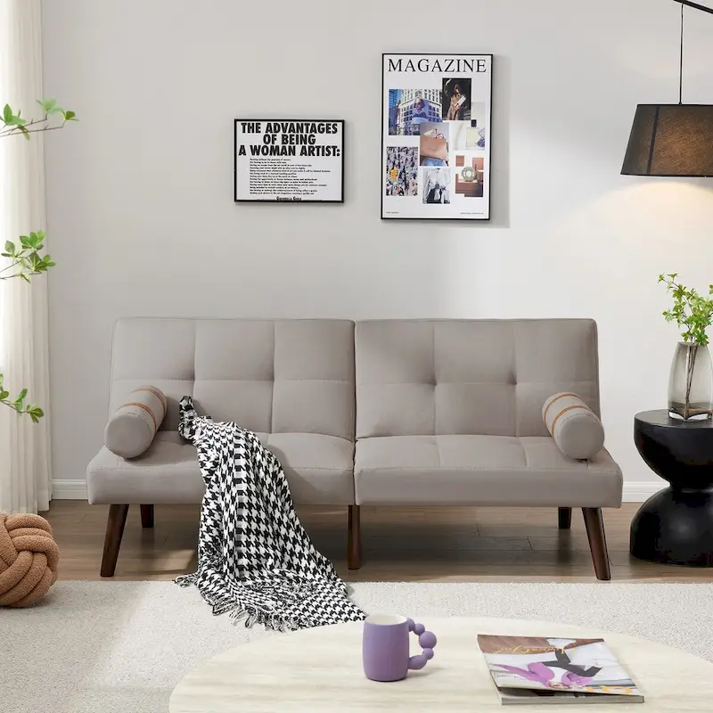 Convertible Sofa Bed Futon with Solid Wood Legs Linen Fabric Musterd Green