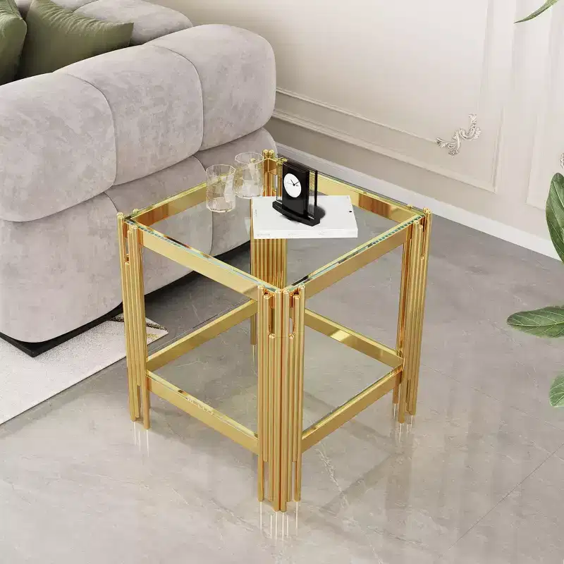 Okak Elegent Double Layer Tempered Glass End Table, Side Table with Mirror Finished Stainless Steel Frame, Accent Table for Living Room
