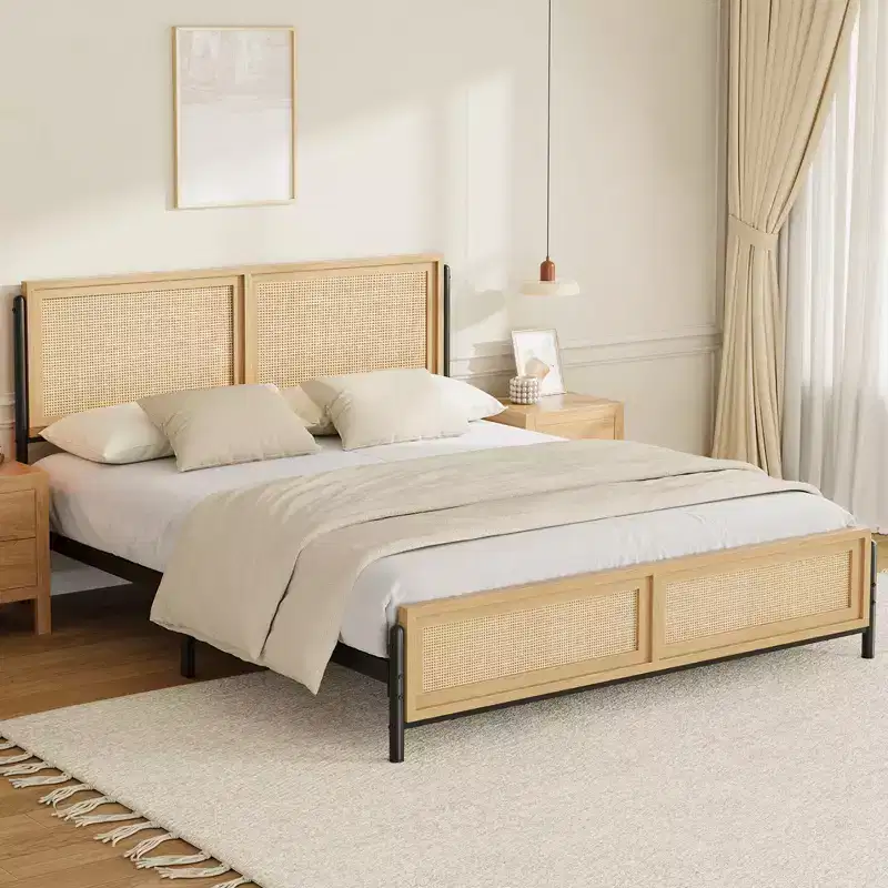 Bed Frame with Natural Rattan Headboard and Footboard, Wooden Platform No Box Spring Needed, Noise-Free Metal Bedframe