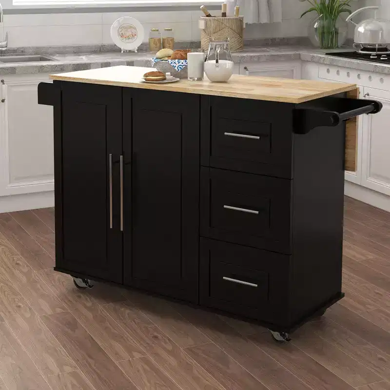 Kitchen Island with Extensible Solid Wood Tabletop, 2 Doors & 3 Drawers, Rolling Cart, Black