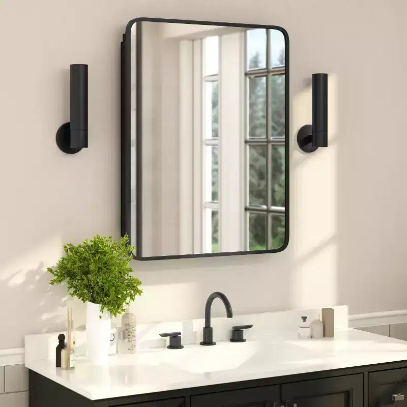 Flash Furniture Jolie Recessed Bathroom Medicine Cabinet with Rounded Beveled Mirror and Reversible Metal Frame